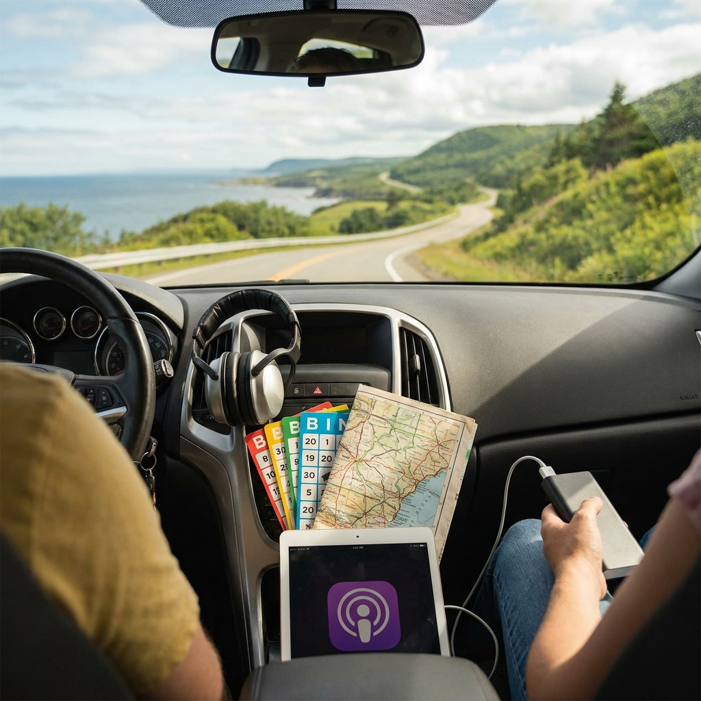 Road-trip entertainment kit (audiobooks, podcasts, car games, playlists)