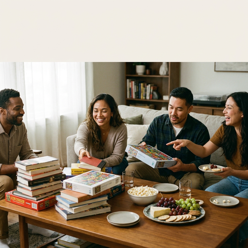 Host a ‘swap-and-snack’ night: entertainment built around trading books, puzzles, and games