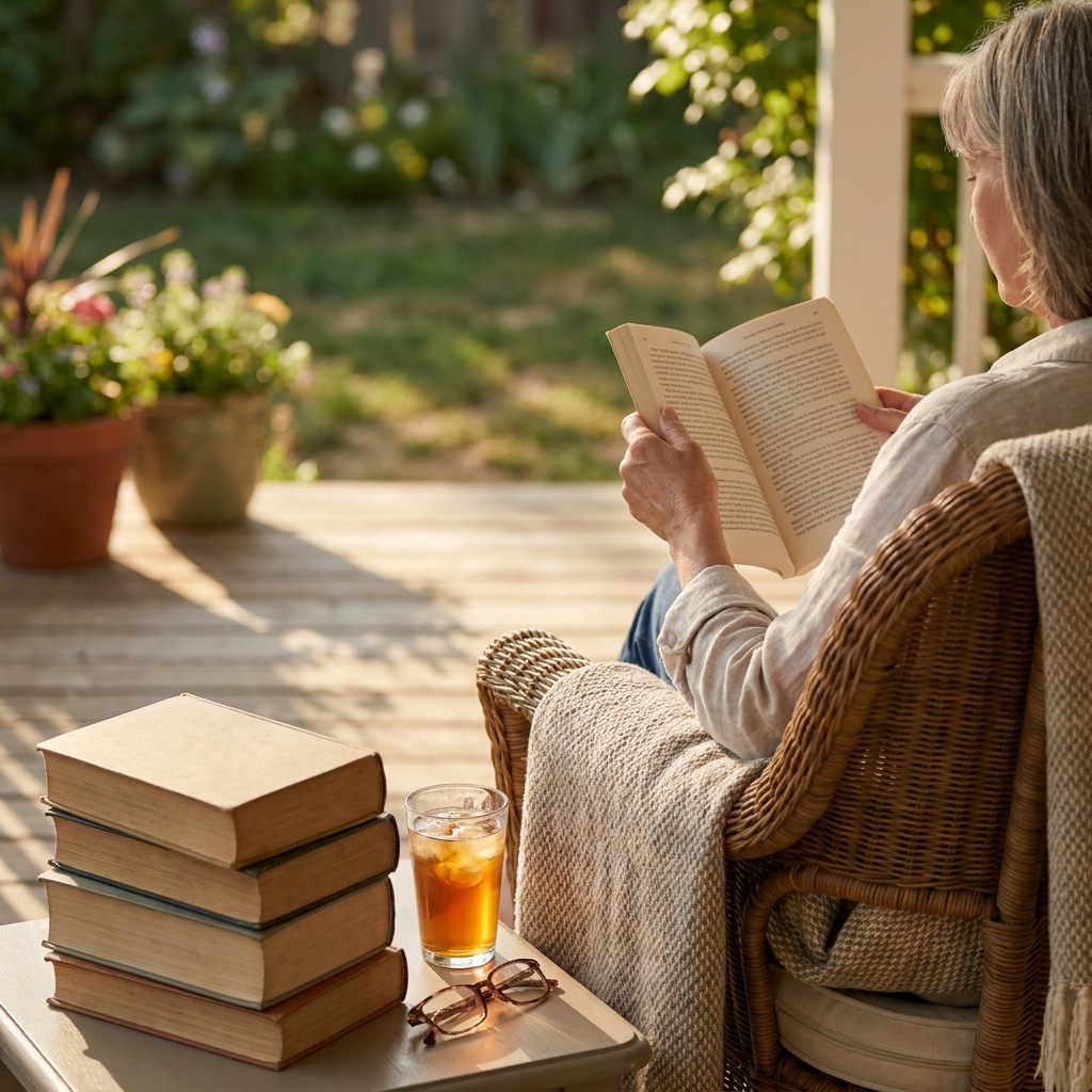 Summer ‘porch reading hour’ + library hold strategy (entertainment routine)