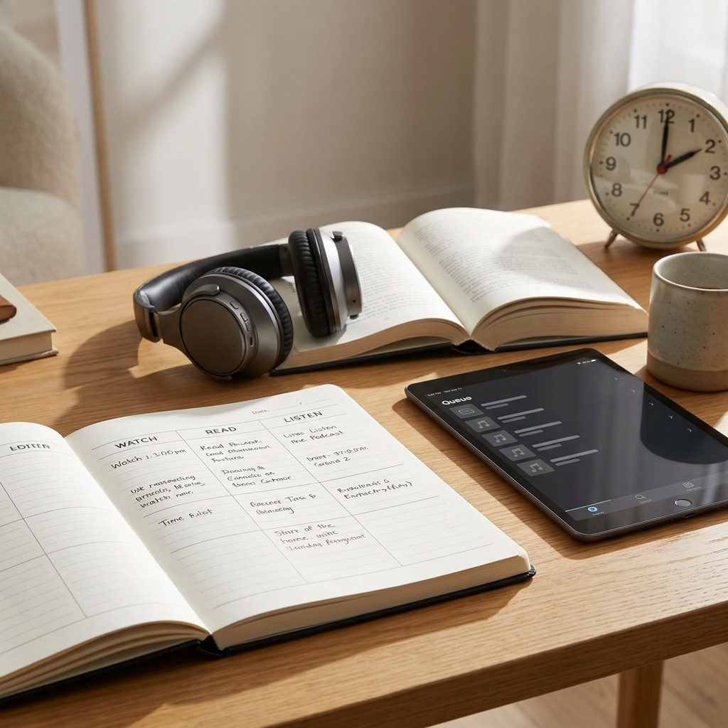 June ‘watch-read-listen’ queue setup for summer (one-hour Sunday planning)