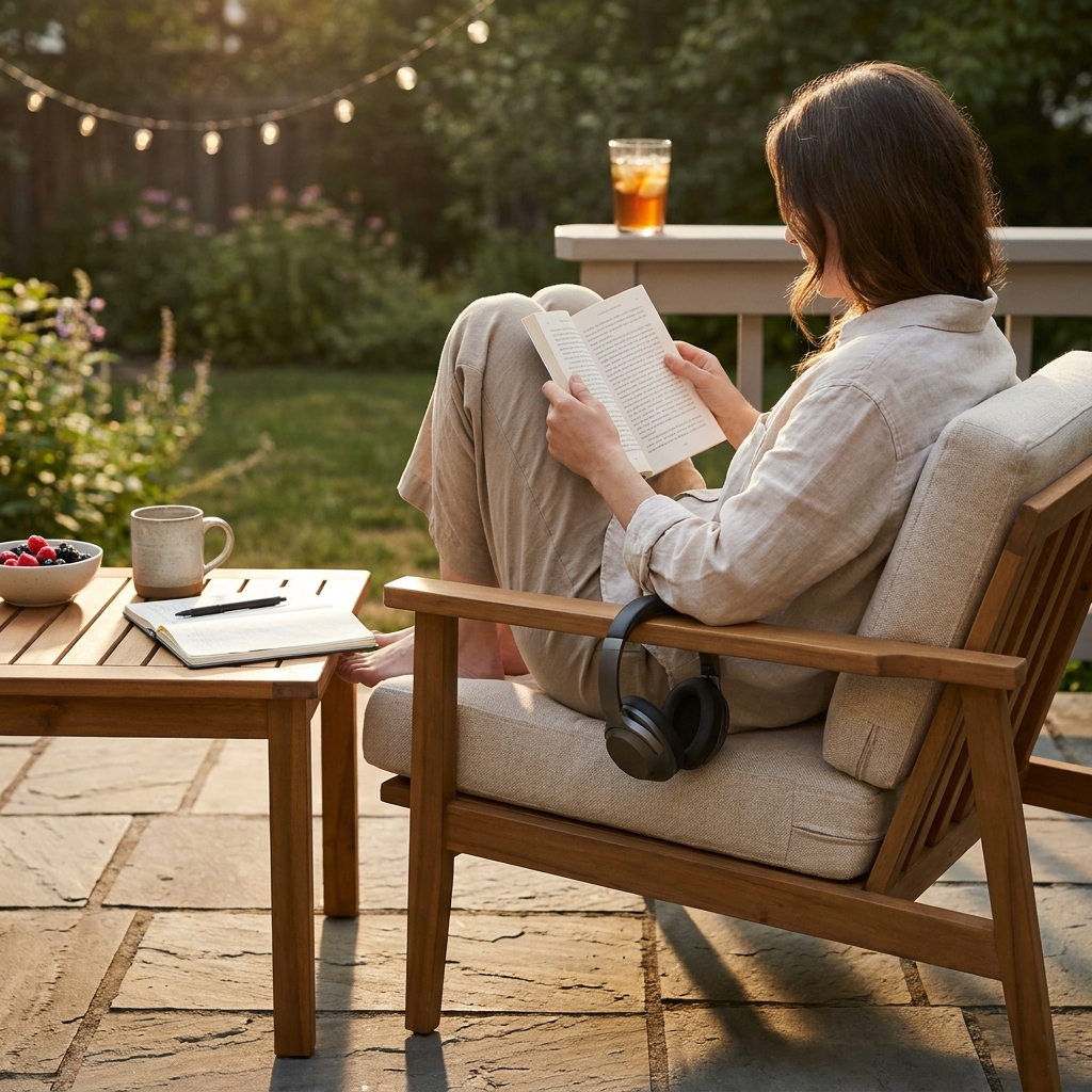 Midweek ‘patio book club for one’ (audiobook + reading + mini treat)