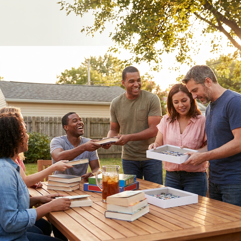Mid-to-late July: how to host a ‘swap night’ (books, puzzles, and cozy items) as entertainment